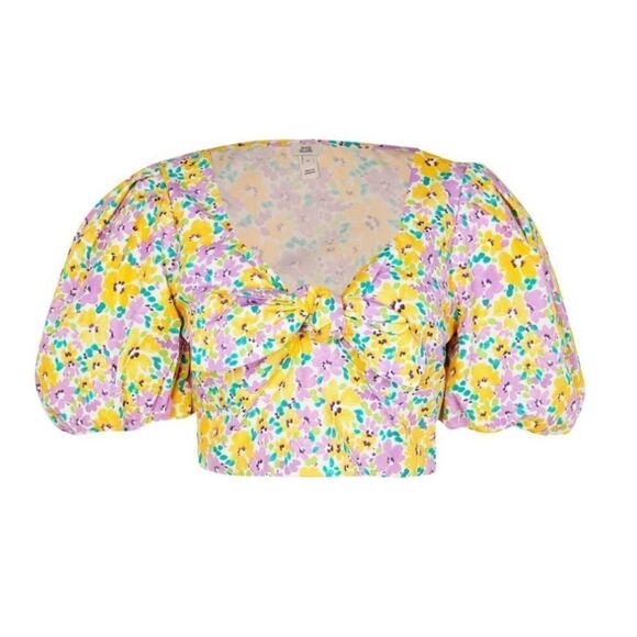 River Island Floral Print Puff Sleeve Crop Top, Yellow/Purple, Small/Size 4, NWT - Picture 3 of 15